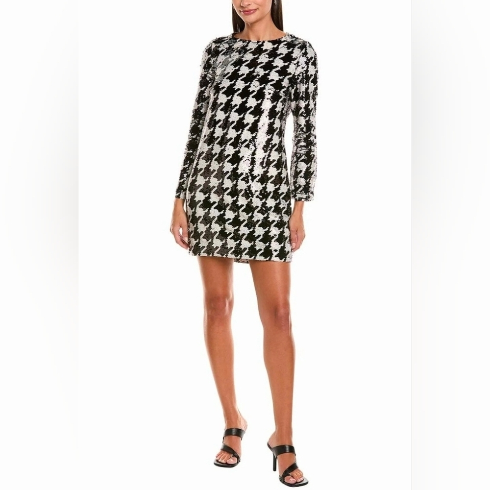 Tyler Boe Long Sleeve Black & White  Houndstooth Sequin Mini Dress: Large